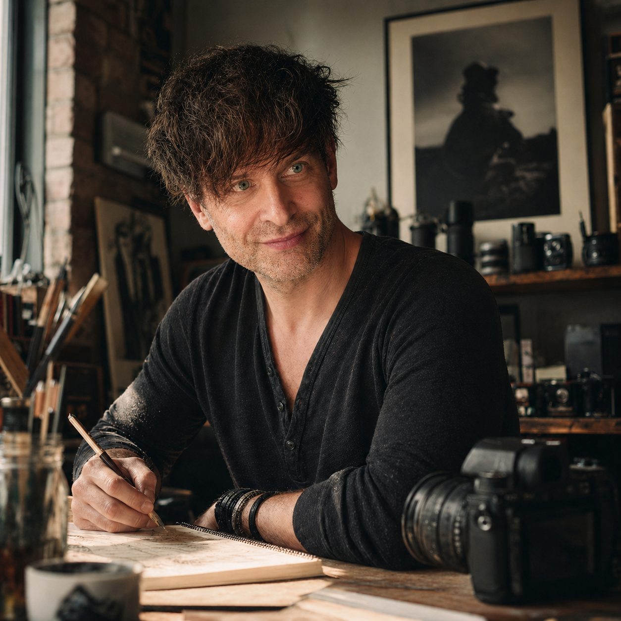 Porträt von René Lüdke, Boudoir-Fotograf aus Hamburg, am Schreibtisch im Atelier mit Kameraequipment